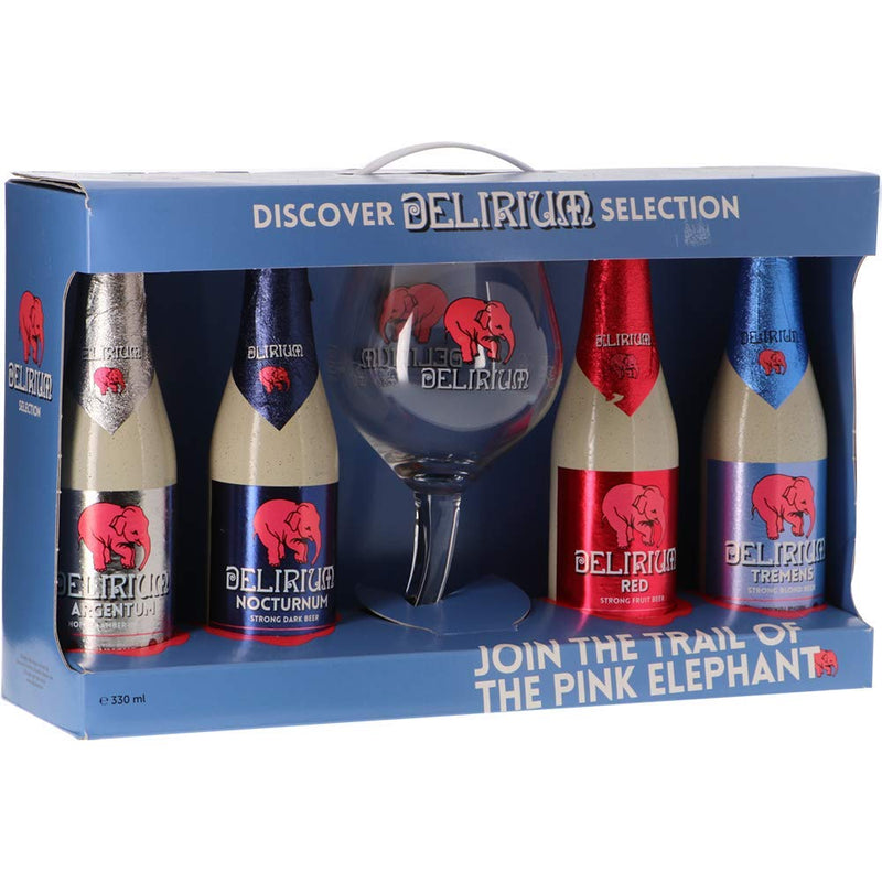 Delirium Discovery Belgian Strong Beer Gift Set with Official Branded Glass (4x330ml) - Premium Selection Beer Gifts For Men For Her Christmas Birthdays Father's Day Valentines Beers and Lagers Offers - Gift Guide