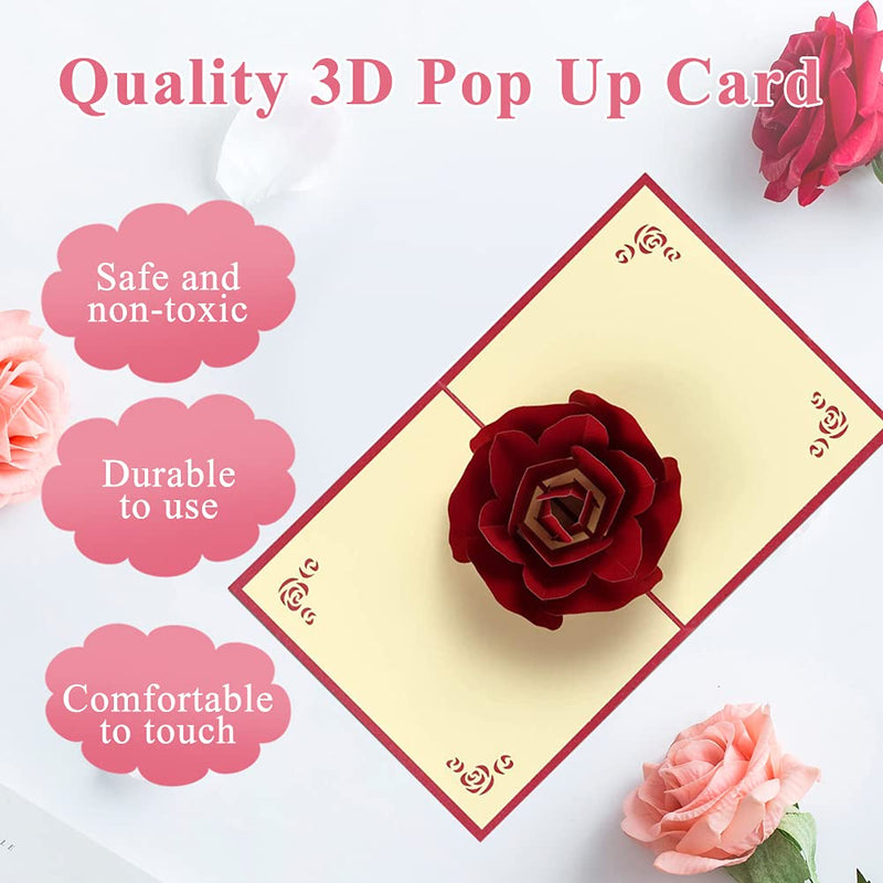 3D Pop Up Greeting Card for Her Him, Romantic Rose Flower Valentines Card for Wife Husband Girlfriend Boyfriend Mum Dad Gift, Fold Greeting Cards with Envelope for Birthday, Wedding, Valentine's Day