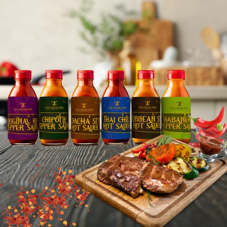 Tilz, Hot Sauce Gift Set - Street Food Chilli Sauce Gift Set, Gourmet Food Gifts - Buffalo, Sriracha, Chilli, Bbq Sauces, Chipotle - 6x Hot Sauce Bottles For BBQS, Foodie Gifts, Hot Sauce Gift Sets - Gift Guide