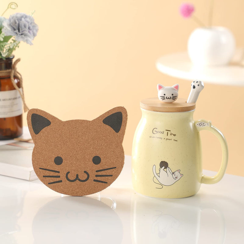Cat Mug Cute Ceramic Coffee Cup with Lovely Kitty lid Stainless Steel Spoon,Novelty Morning Cup Tea Coffee Mug with Lid Yellow Coffee Gifts Christmas Birthday Gifts for Women Cat Lovers Presents