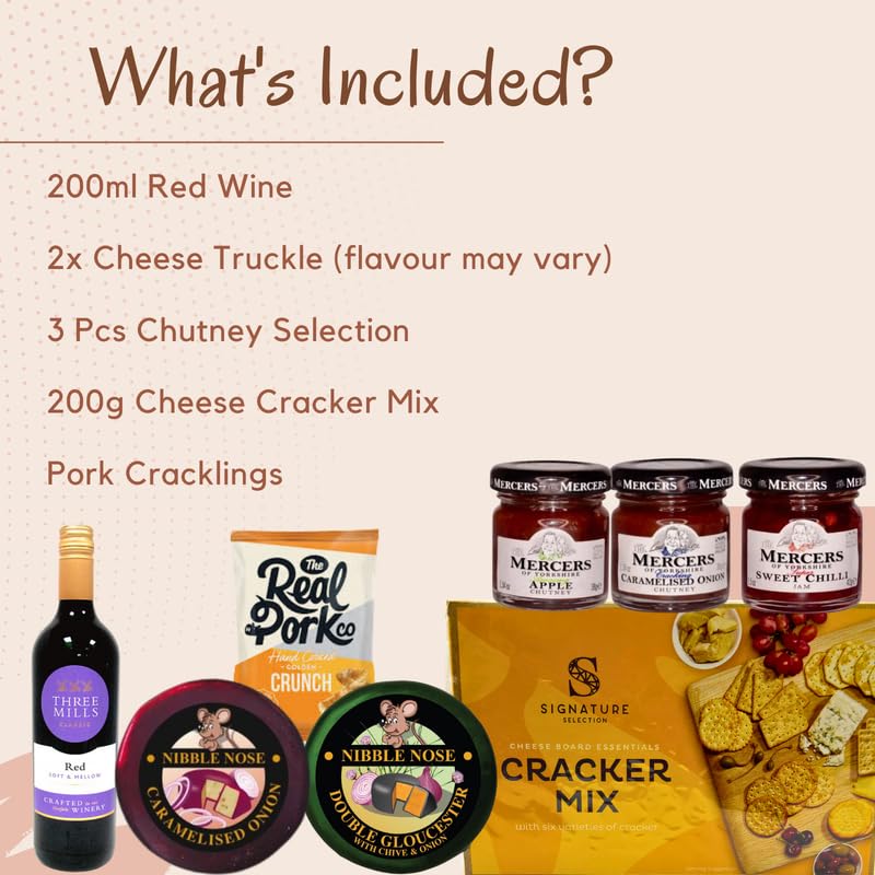 Cheese and Wine Hamper - Red Wine, 2x Cheese Truckle Selection, Savoury Crackers and 3x Chutney - Wine and Cheese Hamper Gift Set, Cheese Gifts Set, Christmas Hampers, Food Hampers for Men - Gift Guide