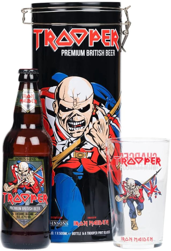 Trooper Premium Beer Gift Set - Iron Maiden Premium British Craft Beer, Nucleated Branded Glass & Collectable Tin Set 500ml. Ideal Beer Gifts For Men for Christmas Stocking Fillers with Topline Card - Gift Guide