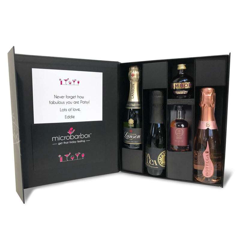 MicroBarBox Champagne & Prosecco Gift Set in a Premium Luxury Gift Box | Champagne Gift Set | featuring Lanson Black Label Brut NV, Bottega Poeti Rosé Prosecco, Da Luca Prosecco & fruit liqueurs