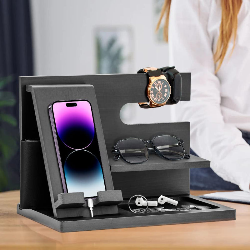 Birthday Gifts for Men Christmas Wood Phone Docking Station Bedside Table Organiser for Him Gifts for Dad Mens Gifts for Christmas Husband Dad Gifts Xmas Presents for Men Bedside Gadget Organiser