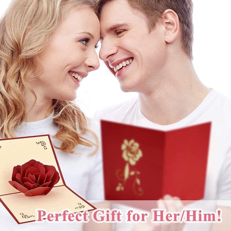 3D Pop Up Greeting Card for Her Him, Romantic Rose Flower Valentines Card for Wife Husband Girlfriend Boyfriend Mum Dad Gift, Fold Greeting Cards with Envelope for Birthday, Wedding, Valentine's Day