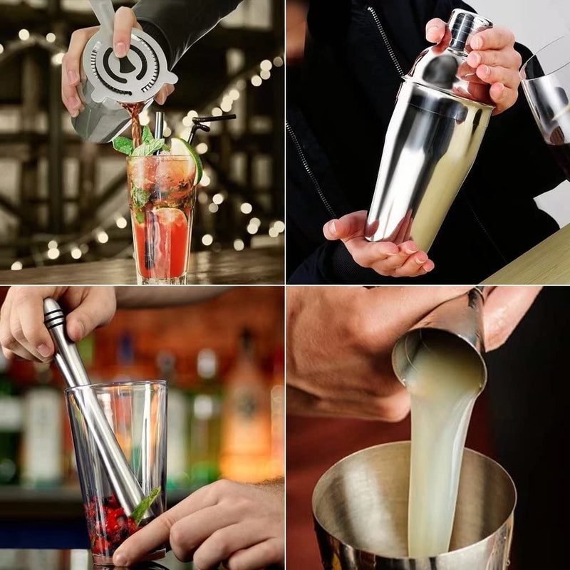 AYAOQIANG Cocktail Shaker Set with Stand,Cocktail Set for Beginer,750ml Stainless Steel Shaker for Cocktail,Home Bar Cocktail Tool Kit with Bamboo Display Stand