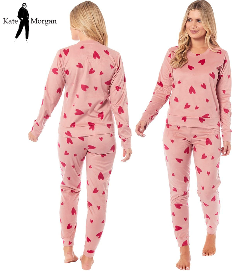 KATE MORGAN Womens Pyjamas Warm Fleece Pyjamas for Women Sets Pjs S-XL | Soft Twosie Pyjama Set for Ladies Gifts for Her PINK HEART S - Gift Guide