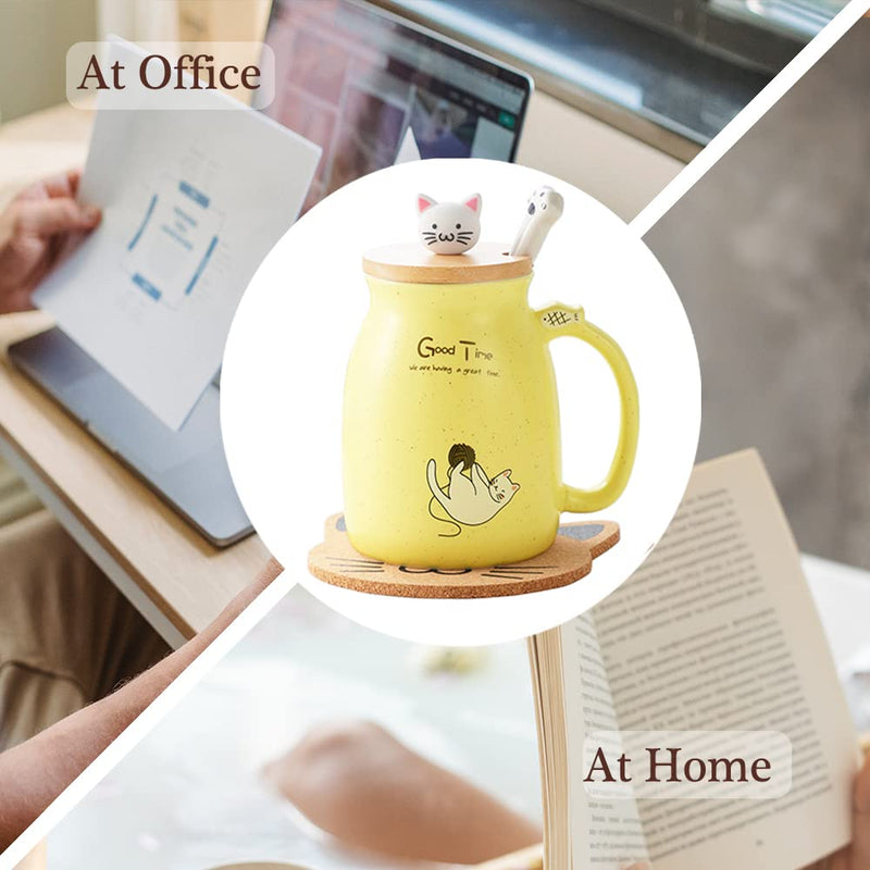 Cat Mug Cute Ceramic Coffee Cup with Lovely Kitty lid Stainless Steel Spoon,Novelty Morning Cup Tea Coffee Mug with Lid Yellow Coffee Gifts Christmas Birthday Gifts for Women Cat Lovers Presents