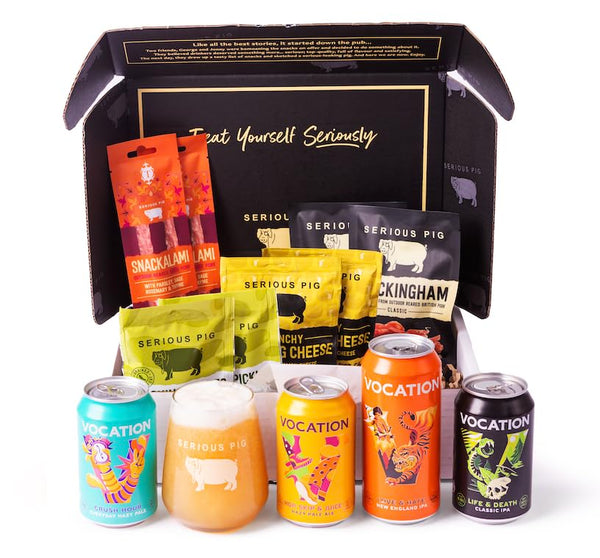 Serious Pig + Vocation Brewery | Craft Beer And Snacks Tasting Experience Gift Box | With Professional Tasting Notes And Glassware (12 Packs) - Gift Guide