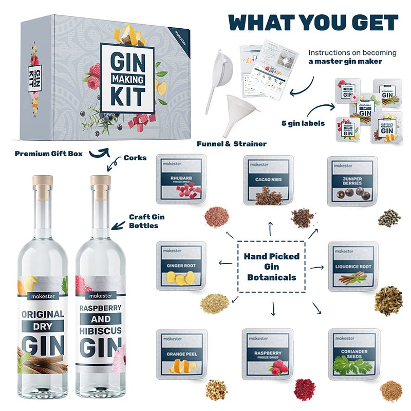 Gin Making Kit - Make Your Own Pink Gin, Raspberry & More - Gift Idea For Christmas or Birthday - Craft Kits By Makester - Gift Guide