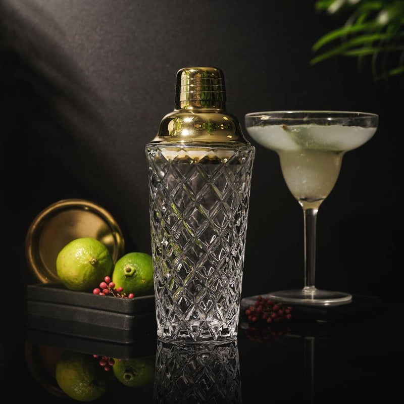 Gold Cocktail Shaker Set - Glass Cocktail Shaker Set - Matching Measuring Jigger and Bar Spoon with Muddler - Gold Drink Shaker with Strainer - 5 pcs - Luxury Gift Box (Gold)