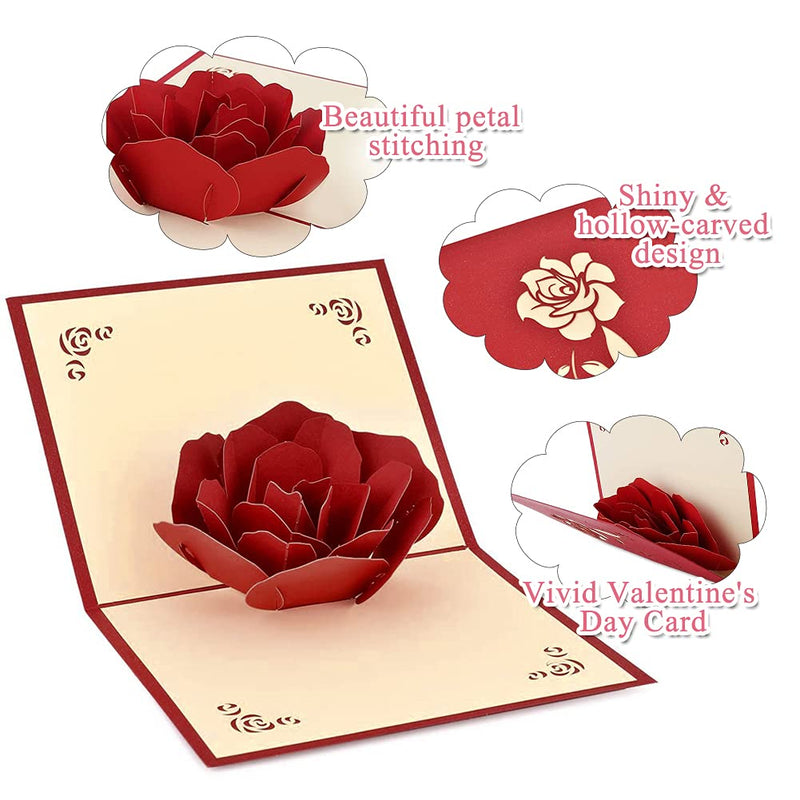 3D Pop Up Greeting Card for Her Him, Romantic Rose Flower Valentines Card for Wife Husband Girlfriend Boyfriend Mum Dad Gift, Fold Greeting Cards with Envelope for Birthday, Wedding, Valentine's Day