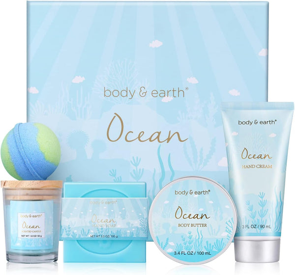 BODY & EARTH Pamper Gifts for Women, 5 Pcs Ocean Bath Spa Gift Set Includes Scented Candle, Body Butter, Gifts for Women, Birthday gifts for women, Gift Sets for Women, Christmas Gifts for Women