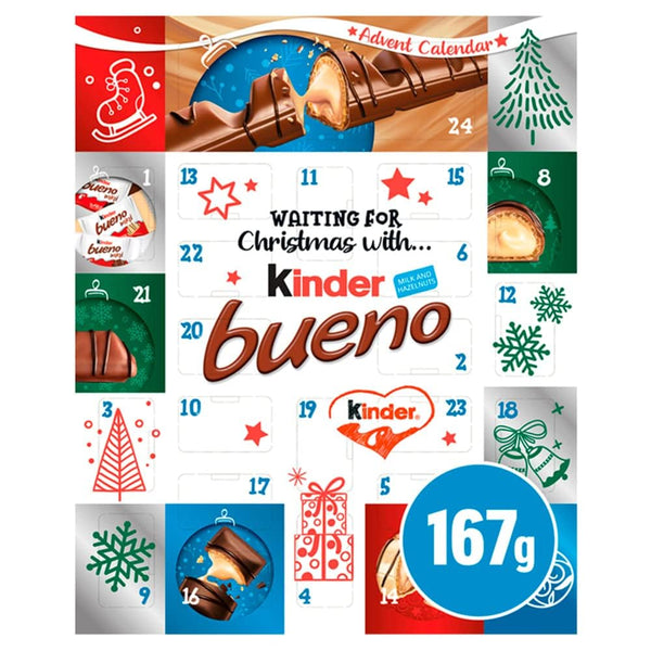 Kinder Bueno Advent Calendar 2024, Christmas Advent, 24 Assorted Milk Chocolate Covered Wafers with Milky and Hazelnut Filling, (167g) - Gift Guide