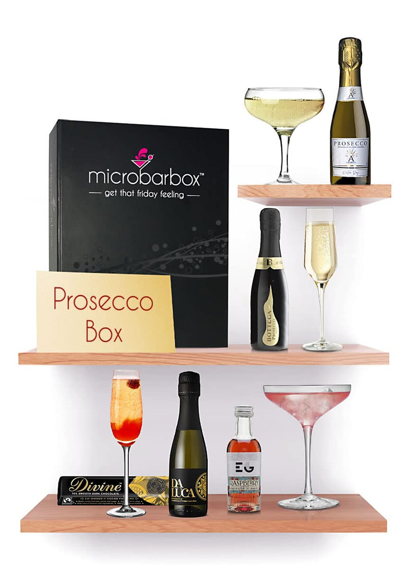 MicroBarBox Prosecco Gift Set in a Premium Luxury Gift Box | Prosecco Gifts for Women | including Galanti Prosecco, Bottega Prosecco, Da Luca Prosecco & Edinburgh Raspberry Gin with Divine Chocolate