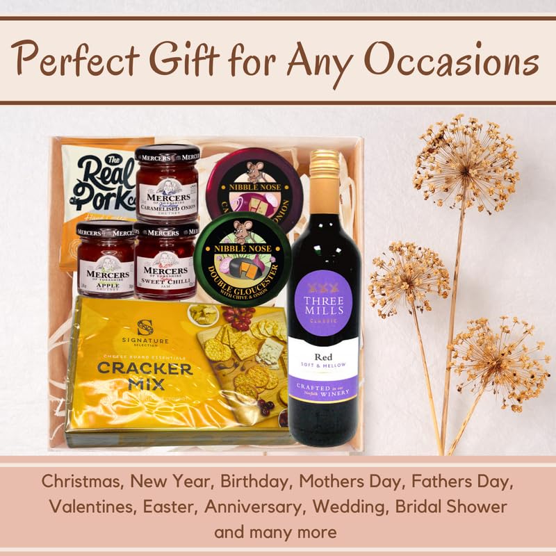 Cheese and Wine Hamper - Red Wine, 2x Cheese Truckle Selection, Savoury Crackers and 3x Chutney - Wine and Cheese Hamper Gift Set, Cheese Gifts Set, Christmas Hampers, Food Hampers for Men - Gift Guide