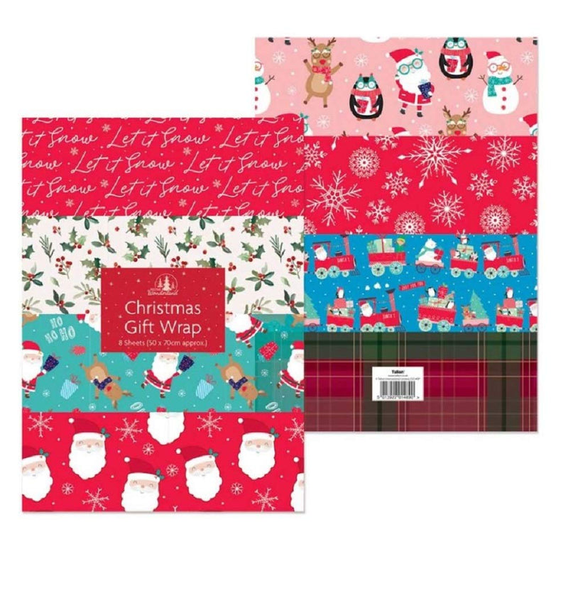 Festive Wonderland 8 Large Sheets of Christmas Wrapping Paper - Assorted Designs - 70x50cm - Gift Guide