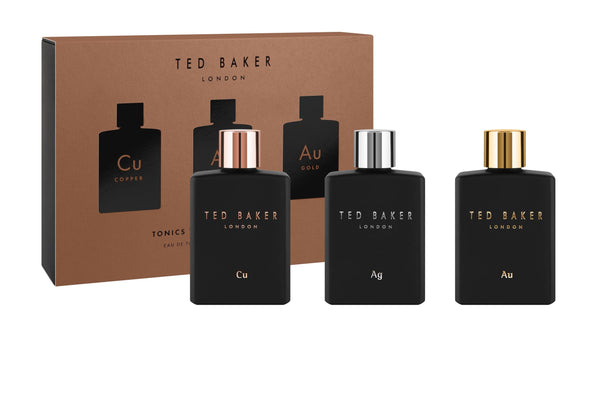 Ted Baker Tonics Trio Gift Set, Tonics Cu Copper EDT with Musk Scent, Tonics Ag Silver EDT with Pepper Cedarwood Scent, Tonics Au Gold with Warm Woody Scent, 3 x 12.5ml