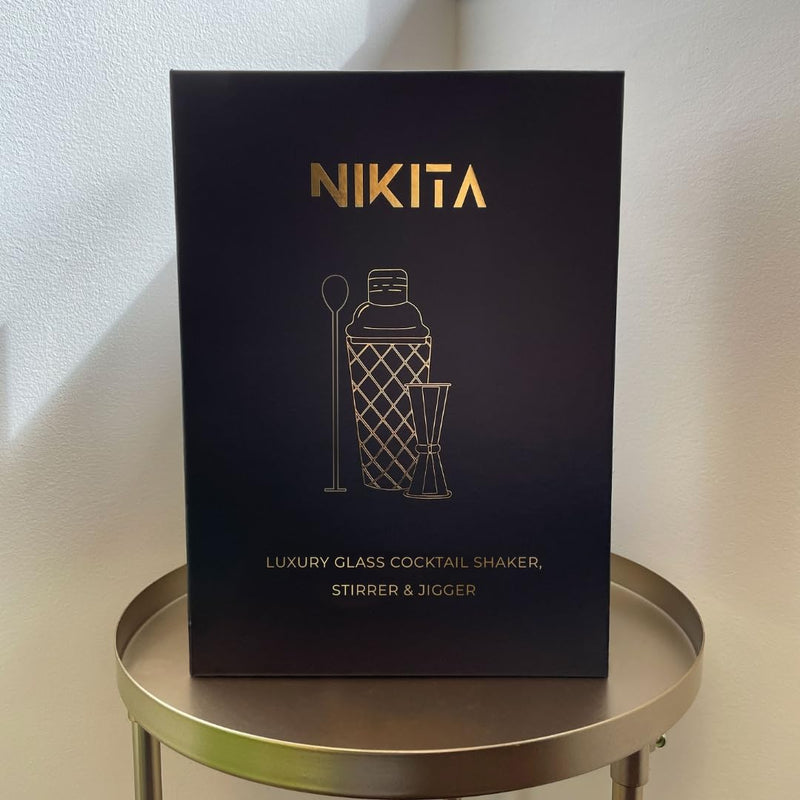 Gold Cocktail Shaker Set - Glass Cocktail Shaker Set - Matching Measuring Jigger and Bar Spoon with Muddler - Gold Drink Shaker with Strainer - 5 pcs - Luxury Gift Box (Gold)