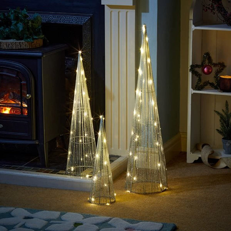 Marco Paul Christmas Set of 3 Silver Light Up Cone Trees Festive LED Christmas Decorations Pre-Lit Xmas Tree Set Indoor Ornamental Pyramid Metal Ornaments Home Decor Wire Warm White LED Lighting - Gift Guide