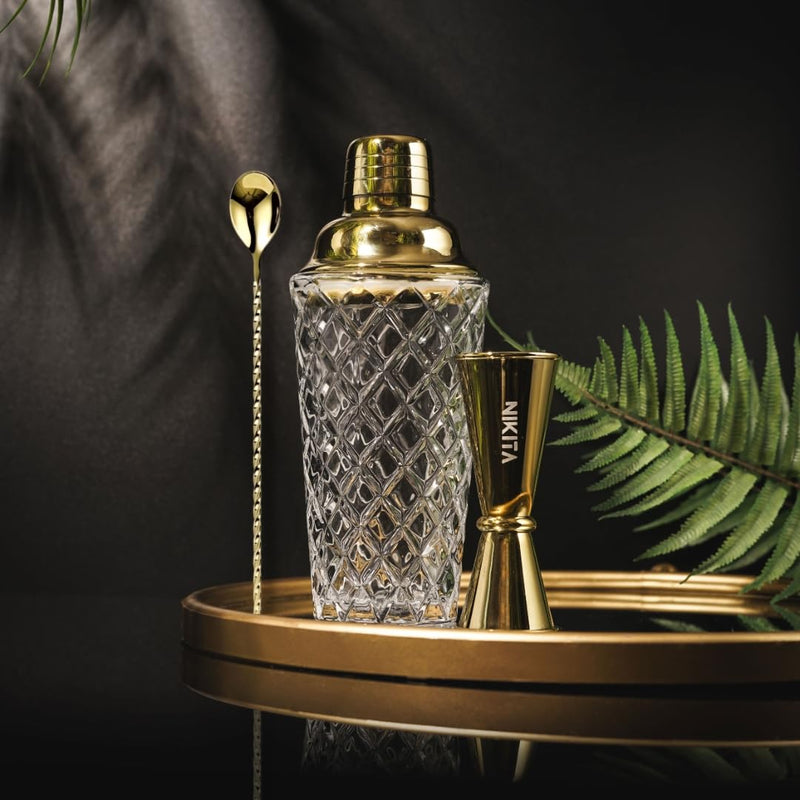 Gold Cocktail Shaker Set - Glass Cocktail Shaker Set - Matching Measuring Jigger and Bar Spoon with Muddler - Gold Drink Shaker with Strainer - 5 pcs - Luxury Gift Box (Gold)