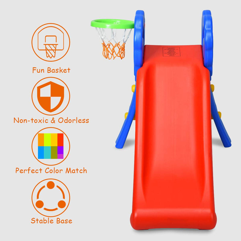COSTWAY Folding First Slide for Kids | Toddlers | Children, Foldable for Easy Storage, Primary Climb Toy, Safety Plastic, Use for Indoor Outdoor Garden Playground (Slide with Basketball Hoop)