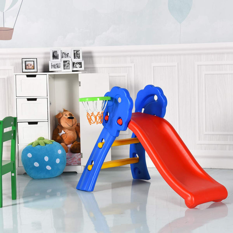 COSTWAY Folding First Slide for Kids | Toddlers | Children, Foldable for Easy Storage, Primary Climb Toy, Safety Plastic, Use for Indoor Outdoor Garden Playground (Slide with Basketball Hoop)