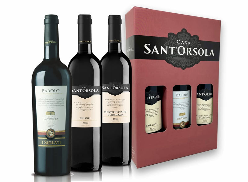 Sant'Orsola Barolo D.O.C.G. + Chianti D.O.C. + Montepulciano D.O.C. d'Abruzzo Italian Red Wine Giftbox - Luxury Red Wine - Gifts for Women - Mum - 3 x 750 ml