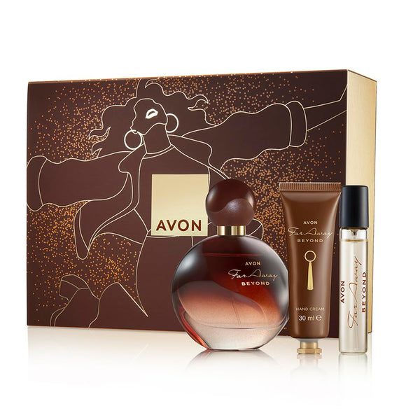 Avon Far Away Beyond Three Piece Gift Set with Parfum 50ml, Parfum Purse Spray 10ml and Hand Cream 30ml in a Gift Box