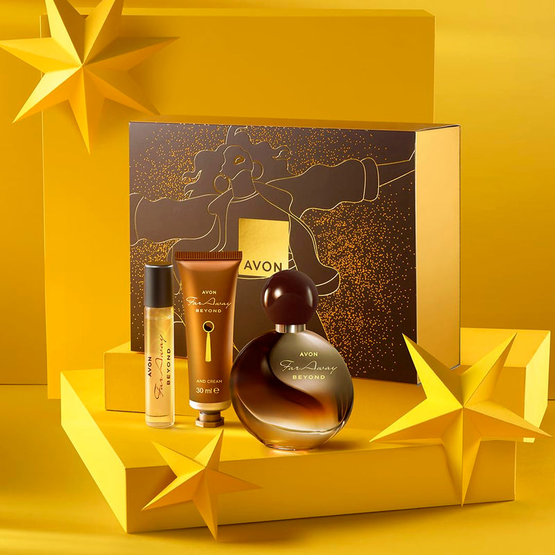 Avon Far Away Beyond Three Piece Gift Set with Parfum 50ml, Parfum Purse Spray 10ml and Hand Cream 30ml in a Gift Box