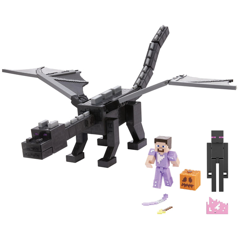 Mattel Minecraft Ender Dragon Action Figures Set, Lights, Sounds & Mist with Steve & Enderman 3.25-in Scale Figures, HTN25