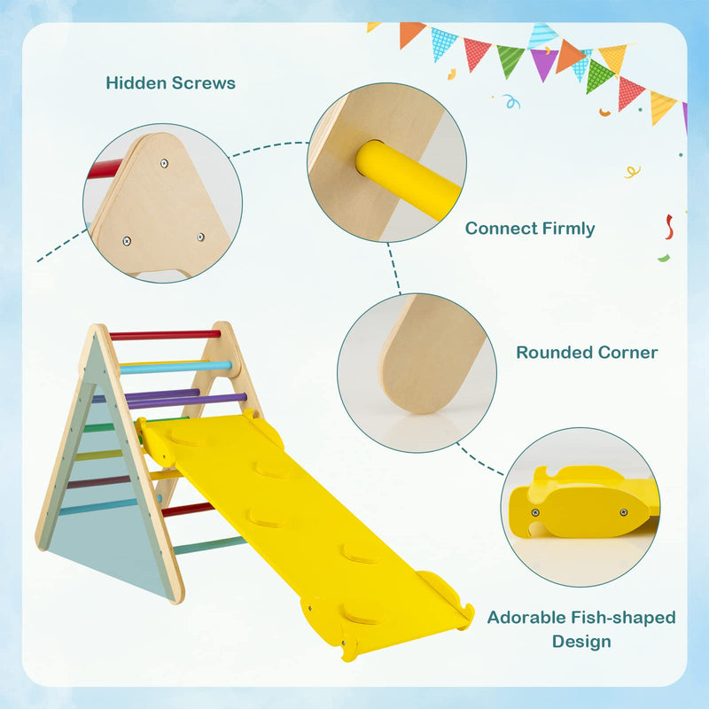 COSTWAY Toddler Climbing Frame, Kids Wooden Montessori Triangle Climber with Double Sided Ramp, Indoor Play Gym for Boys Girls (Multicolor)