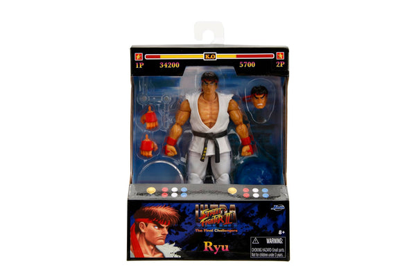 Jada - Street Fighter II Ryu, Articulated Figure 15 cm, with Interchangeable Hands and Head, Accessories and 20 Articulated Points (253252025), White