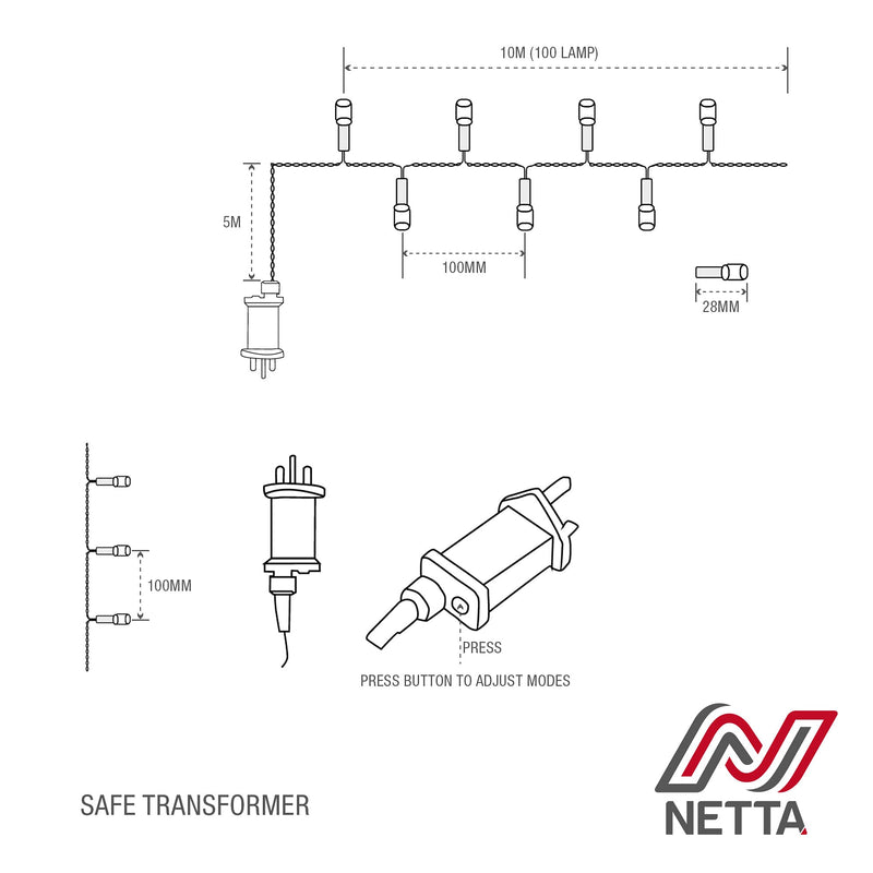 NETTA Christmas Tree Fairy Lights - 100 LED Cool White with 8 Different Modes; for Outdoor & Indoor Use, Plug in Xmas Party Decorations - 100 LED/ 10M Lit-Length - Gift Guide