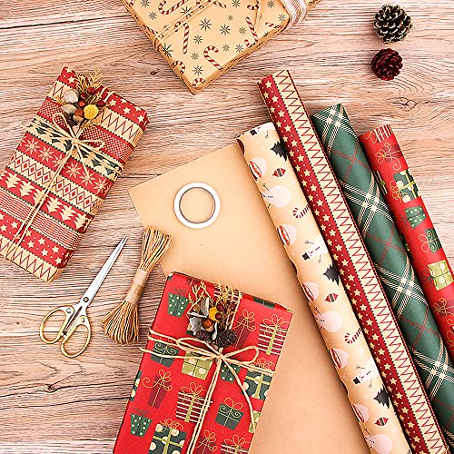 Christmas Wrapping Paper, 10Pcs Recycled Kraft Paper 70x50CM with 6 Vintage Designs (1 Gift Sticker, 1 Double-Side Tape, 2 String) for Gift Boxes Festival Decoration Mens Girls Boys - Gift Guide