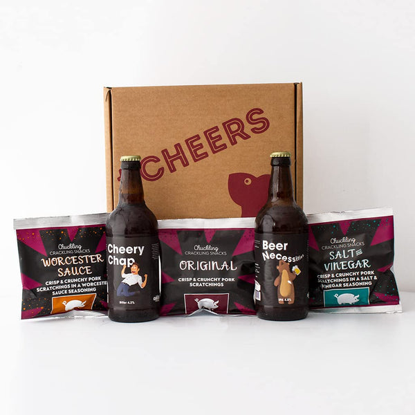 Beer & Pork Scratchings Gift Set #1 | high protein snack, beer gift set, beer and pork scratchings, gifts for dad, pork scratchings pub snacks, beer gifts for men. The Chuckling Cheese Company.