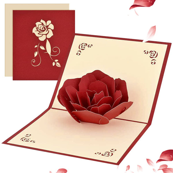 3D Pop Up Greeting Card for Her Him, Romantic Rose Flower Valentines Card for Wife Husband Girlfriend Boyfriend Mum Dad Gift, Fold Greeting Cards with Envelope for Birthday, Wedding, Valentine's Day