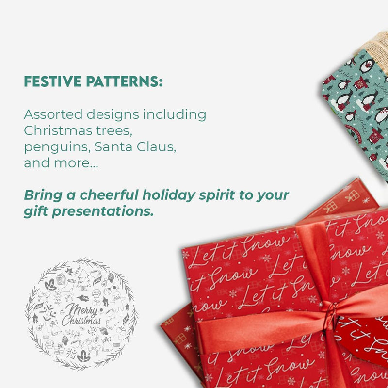GEMS |16 Christmas Wrapping Paper 50cm x 70cm | 8 Festive Designs | Premium Quality Paper | Ideal for Xmas Birthday Christmas Party Festival Wrapping Paper | Gifts Wrapping Paper Sheets - Gift Guide