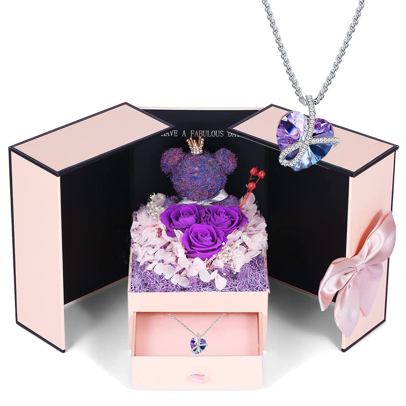 Preserved Purple Rose Moss Bear with Purple heart crystal necklace, Gifts for Women,Girlfriend,Wife,Mum,Gifts for her on Birthday, Anniversary, Valentine's Day, Mother's Day, Christmas - Gift Guide