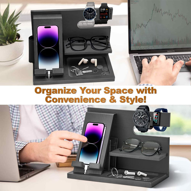 Birthday Gifts for Men Christmas Wood Phone Docking Station Bedside Table Organiser for Him Gifts for Dad Mens Gifts for Christmas Husband Dad Gifts Xmas Presents for Men Bedside Gadget Organiser