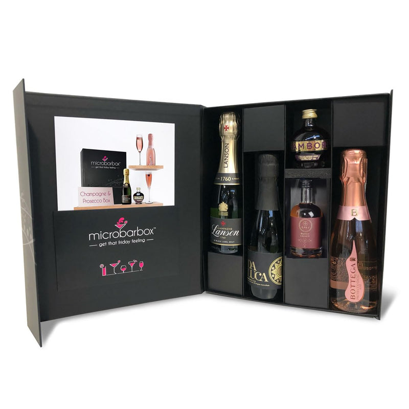 MicroBarBox Champagne & Prosecco Gift Set in a Premium Luxury Gift Box | Champagne Gift Set | featuring Lanson Black Label Brut NV, Bottega Poeti Rosé Prosecco, Da Luca Prosecco & fruit liqueurs