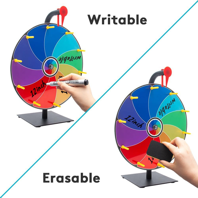 HUHUPET 12 Inch Spinning Prize Wheel, 10 Slots Tabletop Roulette Spinner with Dry Erase Marker and Eraser, for Trade Show, Carnival, Party Games