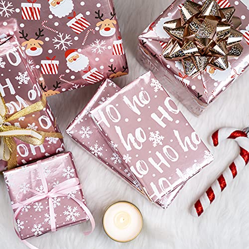 Holijolly Christmas Wrapping Paper Roll, Pink Metallic Foil Shine Paper - Snowflakes/Santa Claus/ "HO" Print for Gift Wrap, Arts Crafts -43 x 305cm x 3 Rolls - Gift Guide