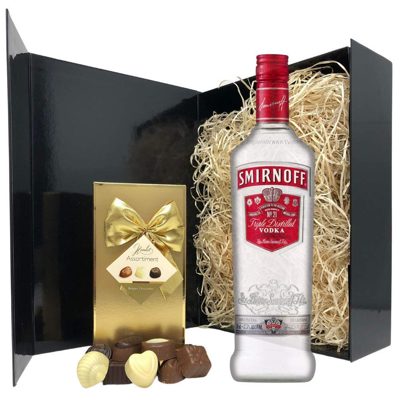 Vodka Gift Set - Smirnoff Vodka and Chocolates Gift Hamper Box - Birthday, Christmas Vodka Gifts for Women and Men