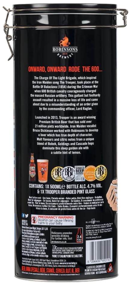 Trooper Premium Beer Gift Set - Iron Maiden Premium British Craft Beer, Nucleated Branded Glass & Collectable Tin Set 500ml. Ideal Beer Gifts For Men for Christmas Stocking Fillers with Topline Card - Gift Guide