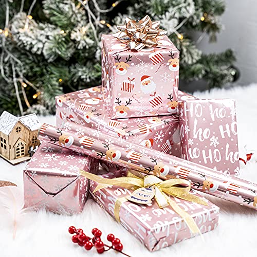 Holijolly Christmas Wrapping Paper Roll, Pink Metallic Foil Shine Paper - Snowflakes/Santa Claus/ "HO" Print for Gift Wrap, Arts Crafts -43 x 305cm x 3 Rolls - Gift Guide