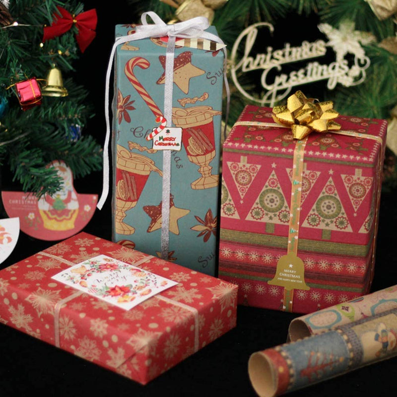 Christmas Wrapping Paper, 12 Pack Recyclable Kraft Paper 70x50CM in Folded Sheets with 10 Unique Designs (Bonus 16 Feet Jute String and 10 Tags) - Gift Guide
