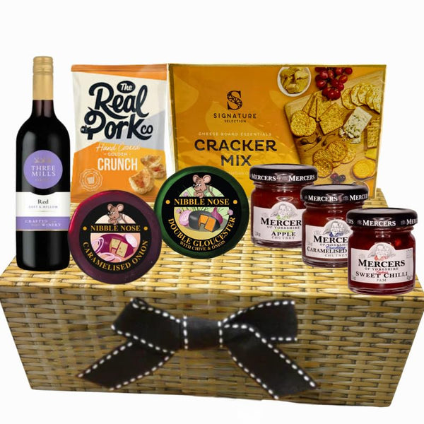 Cheese and Wine Hamper - Red Wine, 2x Cheese Truckle Selection, Savoury Crackers and 3x Chutney - Wine and Cheese Hamper Gift Set, Cheese Gifts Set, Christmas Hampers, Food Hampers for Men - Gift Guide