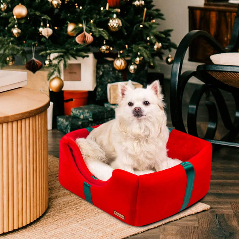allpetsolutions Christmas Dog Bed | 3-in-1 Foldable Dog/Cat Cave Bed | Xmas Gift For Pets | Soft Cave Red Dog Puppy Bed with Reversible Cushion - 38x38x38cm - Gift Guide