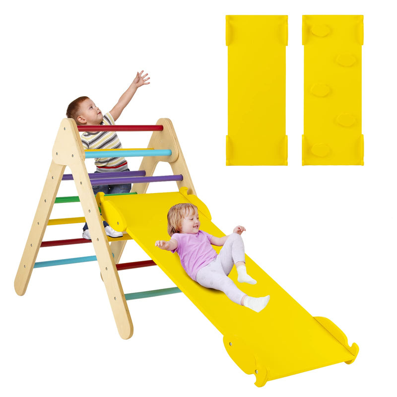 COSTWAY Toddler Climbing Frame, Kids Wooden Montessori Triangle Climber with Double Sided Ramp, Indoor Play Gym for Boys Girls (Multicolor)